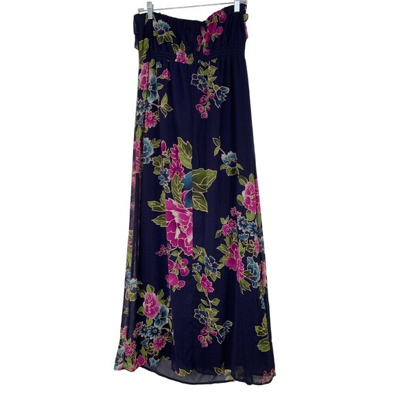 Xhilaration Strapless Floral Maxi Dress L Navy Chiffon Overlay RY10376 Island - Picture 5 of 7
